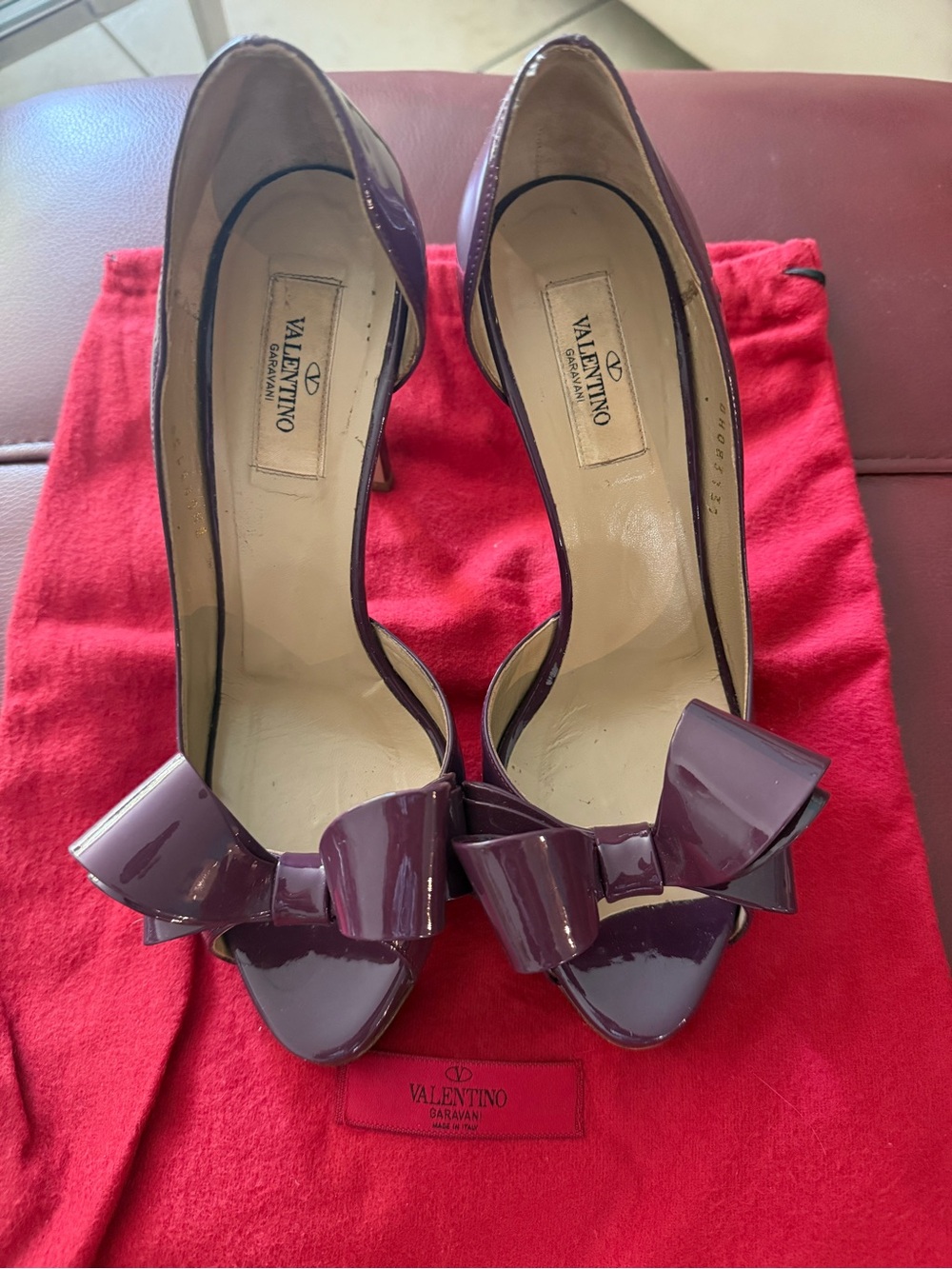 Valentino Garavani Glossy Plum Patent Peep-Toe Bow Heels